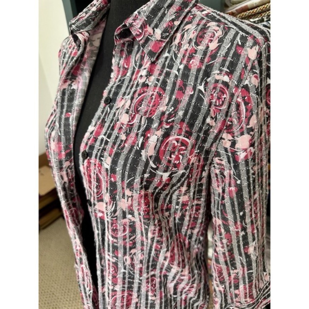 Christopher & Banks Womens Medium Rose Design Black Striped Button Up Sz Small - Picture 7 of 11